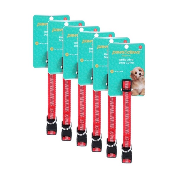 6PK Paws And Claws Reflective Pet Dog Collar Assorted Small 34-45x1.5cm