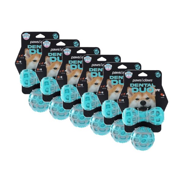 6PK Paws And Claws Pet Dog Toy Dental Duo TPR Ball Baton Asst 13x5x5cm 7x7cm