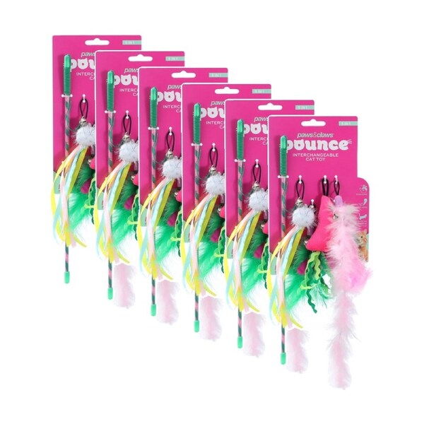 6PK Paws And Claws Pounce Pet Cat Dangler Toy 5 In 1 Assorted 43cm