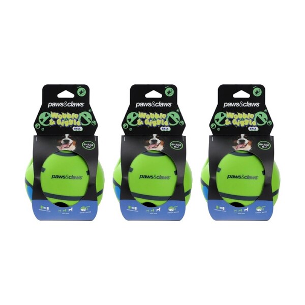 3PK Paws And Claws Wobble Giggle Pet Dog Ball Toy Shake For Sound 14cm