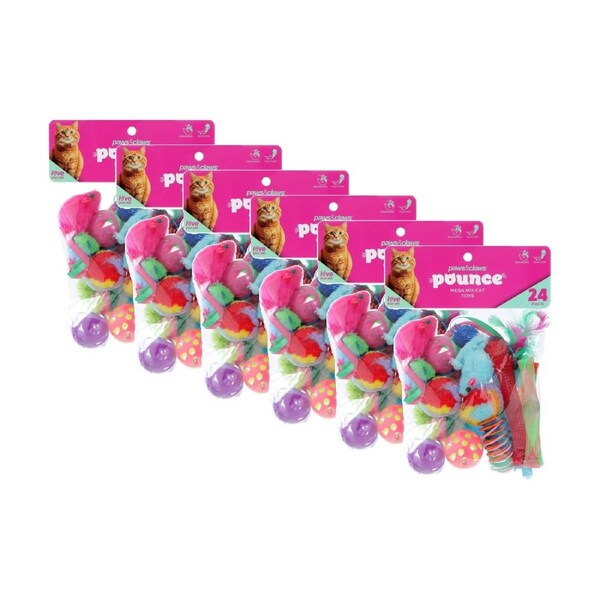 6x 24pc Paws And Claws Pounce Mega Mix Pet Cat Toys Assorted 23x15cm 73g