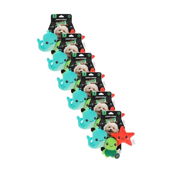 6x 3pc Paws And Claws Squeaky Squad Mini Plush Pet Dog Toys Assorted 7.5x9cm