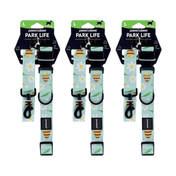 3PK Paws And Claws Pet Dog Collar Lead Set Large 120x2.5cm 45-65cm