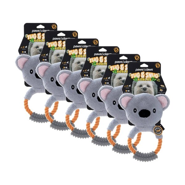 6PK Paws And Claws Plush Koala Rope Ring Tugger Pet Dog Toy Squeak 20x12x1.5cm