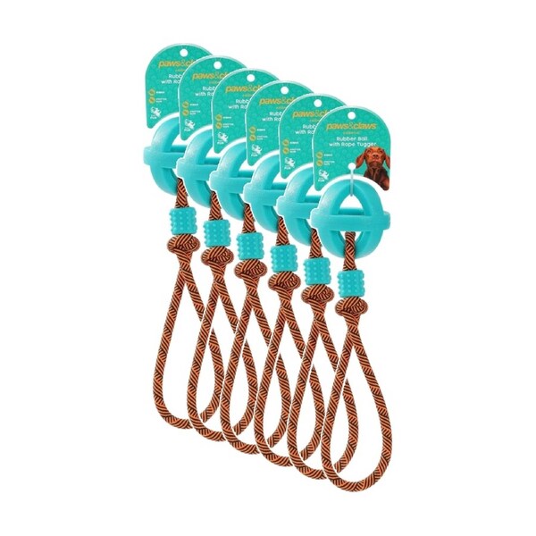 6PK Paws And Claws Pet Dog Toy TPR Ball With Rope Durable Assorted 36x6cm