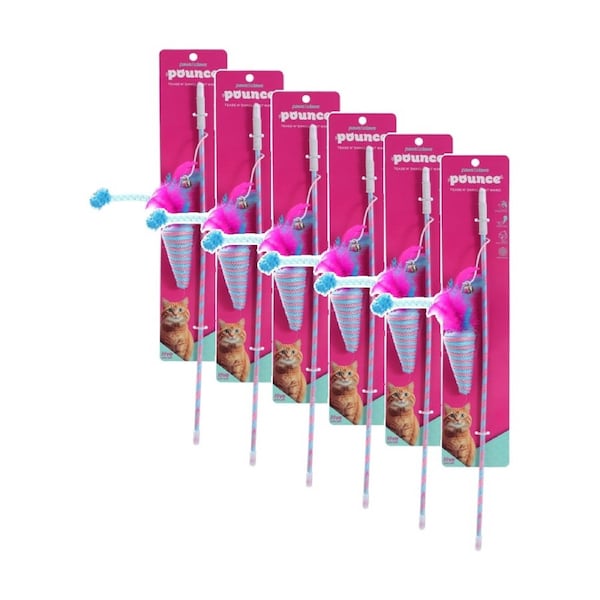6PK Paws And Claws Pounce Tease N Dangle Cat Toy Wand Bell Assorted 46x0.4cm