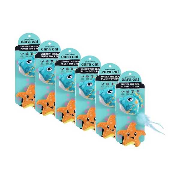 6x 2pc Paws And Claws Cara Pet Cat Sea Life Plush Toy Assorted 10x5x5cm