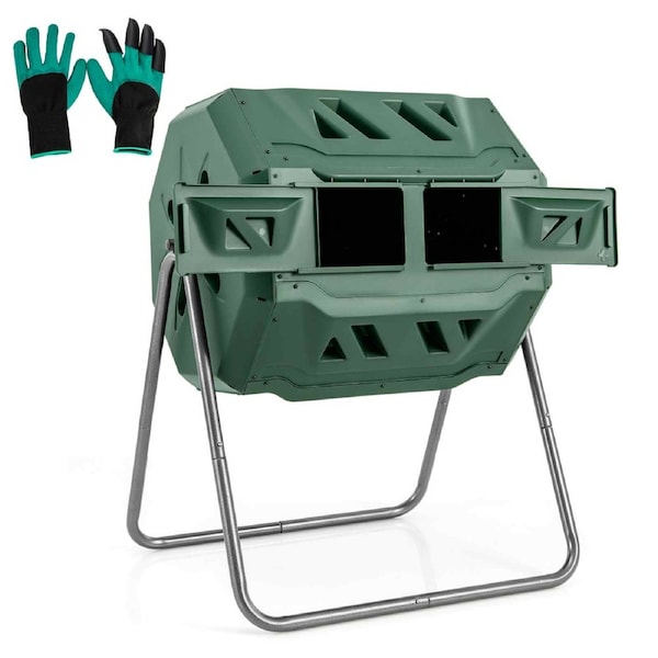 Costway 160L Outdoor Compost Bin Tumbler Garden Composter w/Dual Chamber Waste Recycle Gloves Green