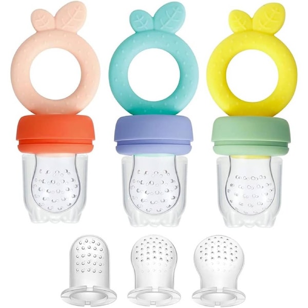 3 Pack Silicone Baby Fruit Food Feeder Pacifier with 3 Sizes Silicone Pouches, BPA Free Mesh Feeder for Infants