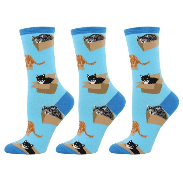3x Socksmith Ladies Fashionable Trendy Novelty Socks Cat in a Box Azure One