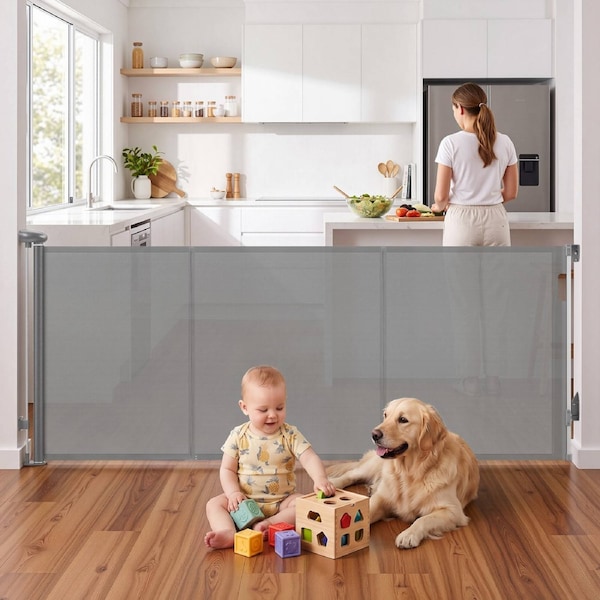 Keezi Retractable Gate Baby Gate Pet Safety Fence Extends up to 400cm Grey
