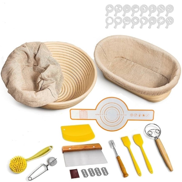 2PCS Bread Proofing Baskets Set with Dough Scraper Whisk Bread Lame