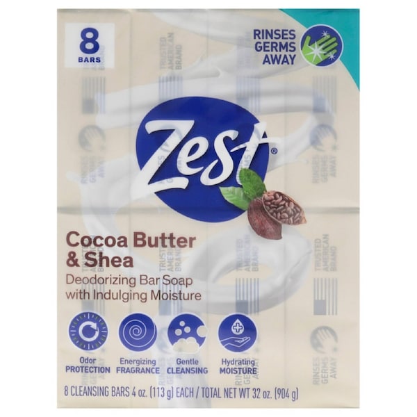 Deodorant Bar Soap - Cocoa Butter and Shea by Zest for Women - 8 x 4 oz Bar Soap 8 x 4 oz