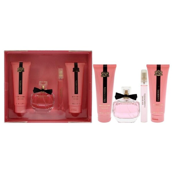 Prestige Fashionista by New Brand for Women - 4 Pc Gift Set 3.4oz EDP Spray, 0.5oz EDP Spray, 4.4oz Shower Gel, 4.4oz Body Lotion 4 Pc Gift Set