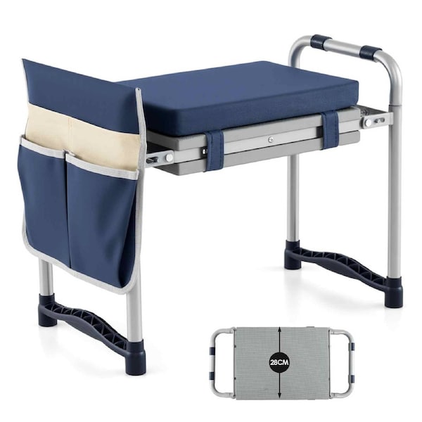 Costway Garden Kneeler Seat Foldable Gardening Stool Kneeling Bench Wide EVA Foam Padding & Extra Soft Pad Tool Pouch Navy