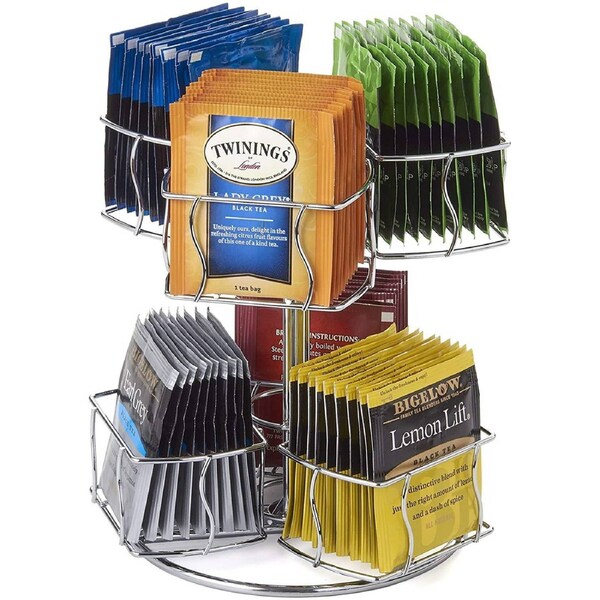 Silver Tea Bag Organizer Carousel, 6-Compartment Rotating Stand for Coffee & Tea
