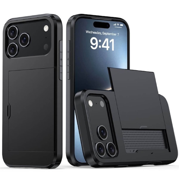 For Apple iPhone 18 Pro Max/17 Pro Max Slide Armor Card Holder Wallet Protective Shockproof Hard Dual Layer Back Cover (Black)