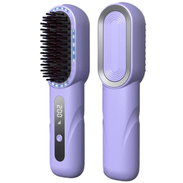 Cordless Hair Straightener Brush with LED Display Rechargeable Negative Ion Hot Comb Hair Straightener purple