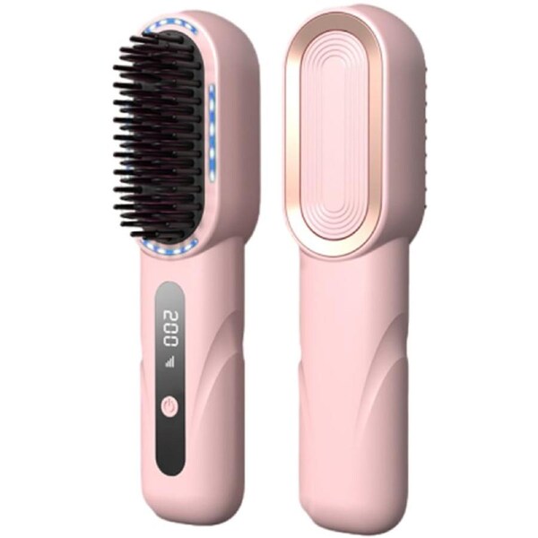 Cordless Hair Straightener Brush with LED Display Rechargeable Negative Ion Hot Comb Hair Straightener pink