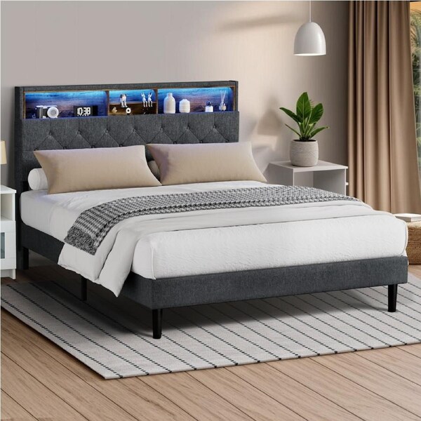 Oikiture Bed Frame Queen Double King Single with LED Storage Bedhead NOVI Queen