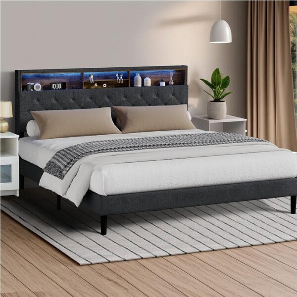 Oikiture Bed Frame Queen Double King Single with LED Storage Bedhead NOVI King