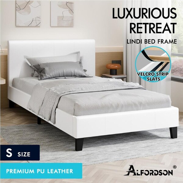 ALFORDSON Bed Frame Queen Double King Single Base Wooden Slats Leather White Single