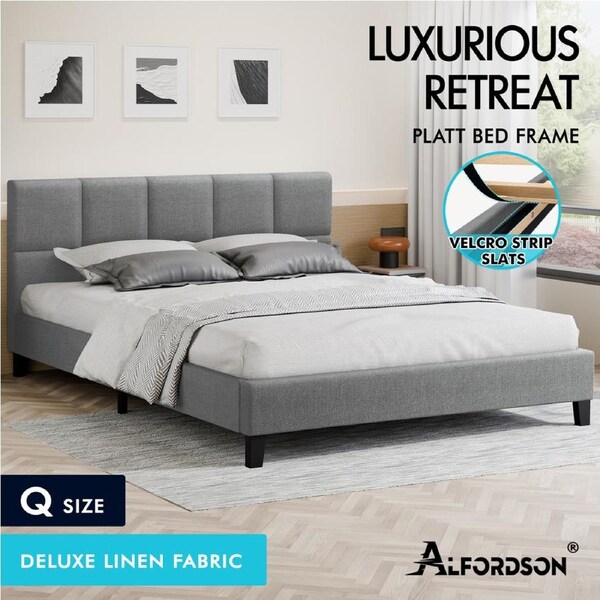 ALFORDSON Bed Frame Queen Double King Single Base Wooden Slats Fabric Grey Queen