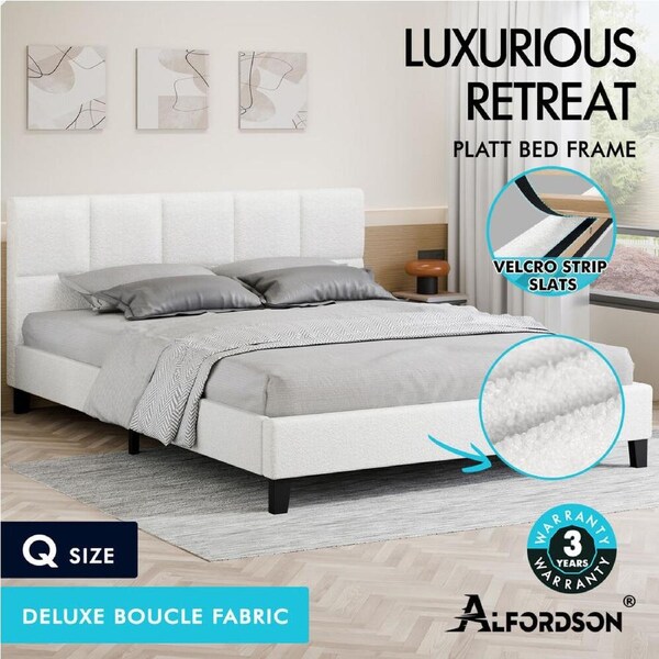 ALFORDSON Bed Frame Queen Double King Single Mattress Base Boucle Fabric White Queen