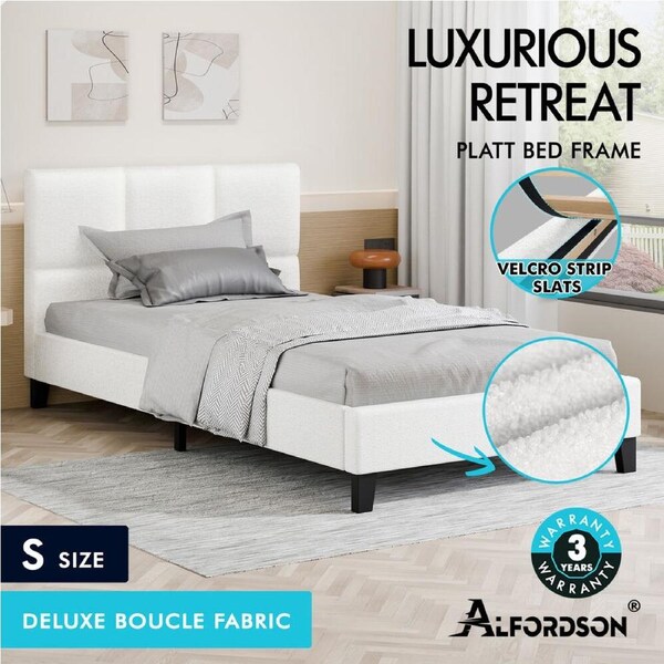 ALFORDSON Bed Frame Queen Double King Single Mattress Base Boucle Fabric White Single