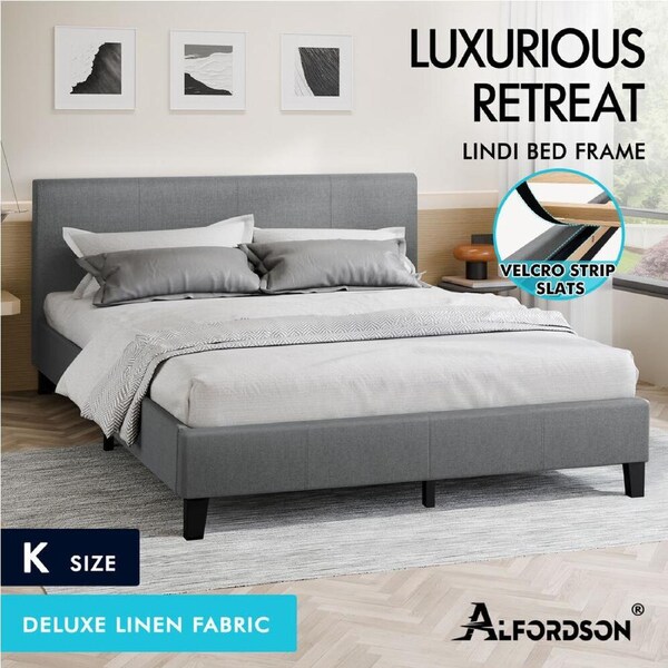 ALFORDSON Bed Frame Queen Double King Single Base Wooden Slats Fabric Grey King