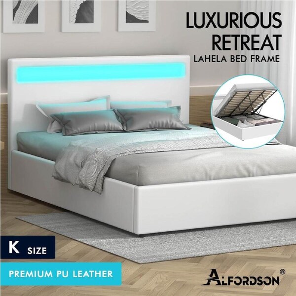 ALFORDSON Bed Frame Double Queen King RGB LED Gas Lift Storage Base Leather King