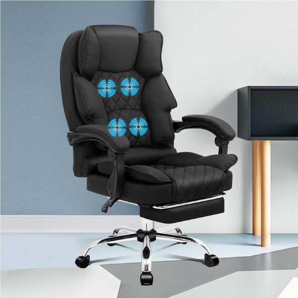 ALFORDSON Massage Office Chair Executive Recliner Gaming Computer Work Seat Fabric Black -Massage w/Footrest