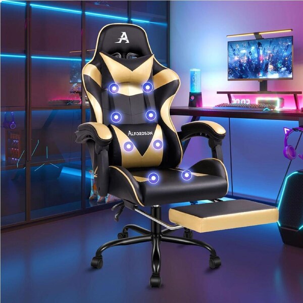 ALFORDSON Gaming Chair Office Massage Computer Racing Seat PU Leather Black & Gold