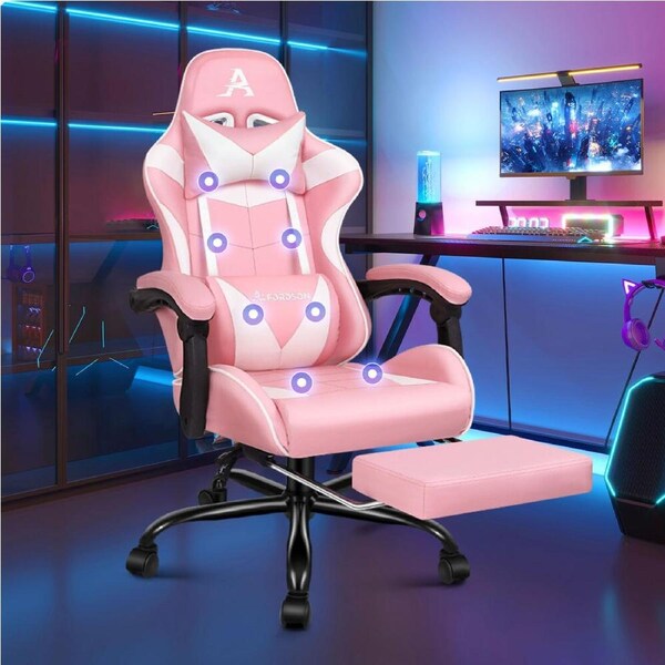 ALFORDSON Gaming Chair Office Massage Computer Racing Seat PU Leather Pink & White