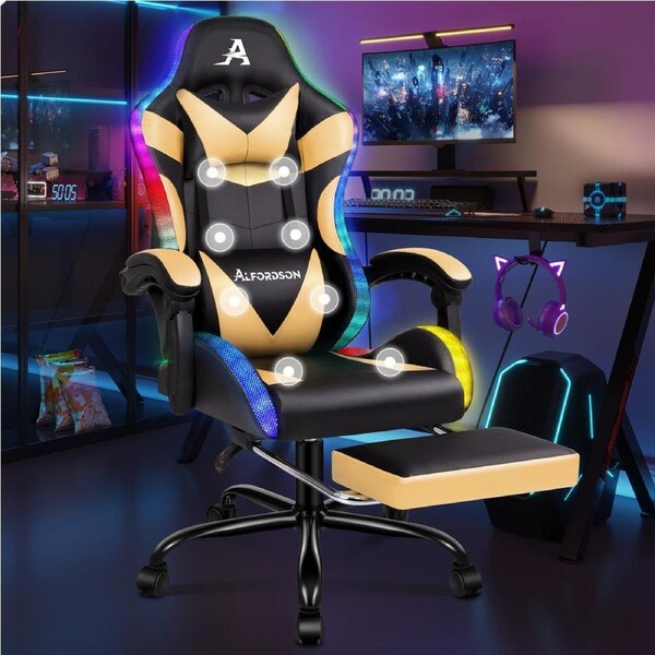 ALFORDSON Gaming Chair Office Massage 12 RGB LED Computer Seat PU Leather Black & Gold