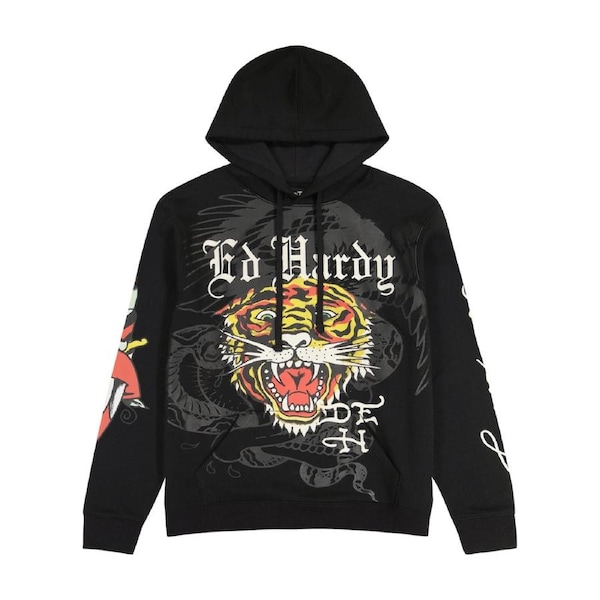 Ed Hardy Mens Tiger Dragon Hoodie Jumper Dagger Pullover in Black L