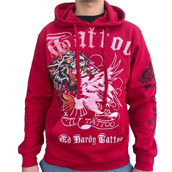 Ed Hardy Mens Hoodie Jumper Pullover Tattoo New York Skull in Red M