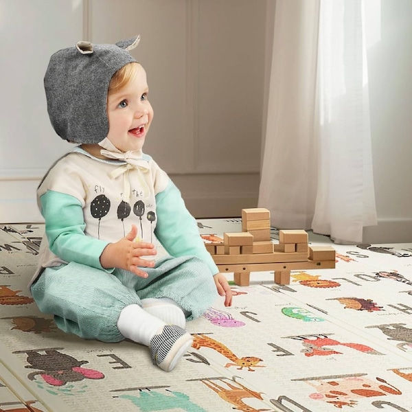 Foldable Baby Play Mat 200 x 180cm - Safari Animals - 1cm XPE Foam, Reversible, Travel Bag