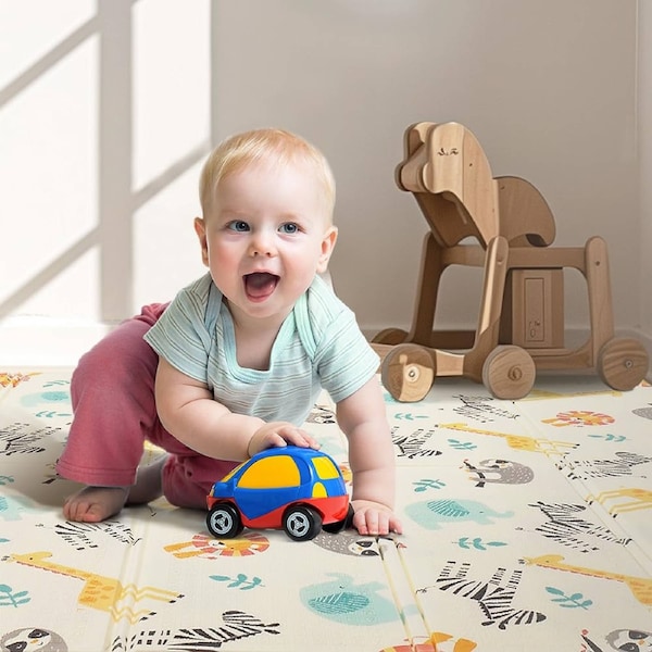 Foldable Baby Play Mat 200 x 180cm - Zoo Animals - 1cm XPE Foam, Reversible, Travel Bag