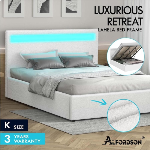 ALFORDSON Bed Frame Double Queen King RGB LED Gas Lift Storage Base Boucle King