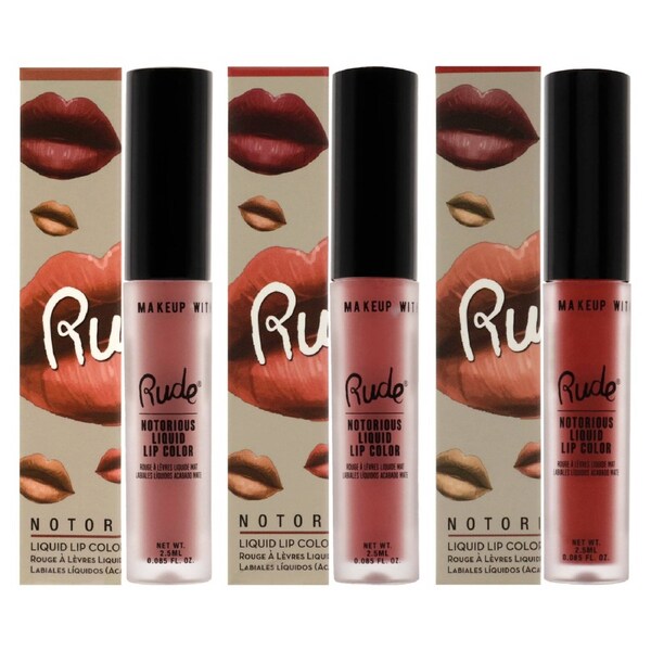 Notorious Rich Long Liquid Lip Color Kit by Rude Cosmetics for Women - 3 Pc Kit 3 X 0.1oz Lip Color - Obscene Gesture, Poison Fruit, Sinister Villain 3 Pc Kit