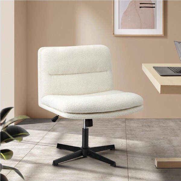 Oikiture Mid Back Armless Office Desk Chair Wide Seat Leather/Sherpa/Linen PAD-Sherpa/White