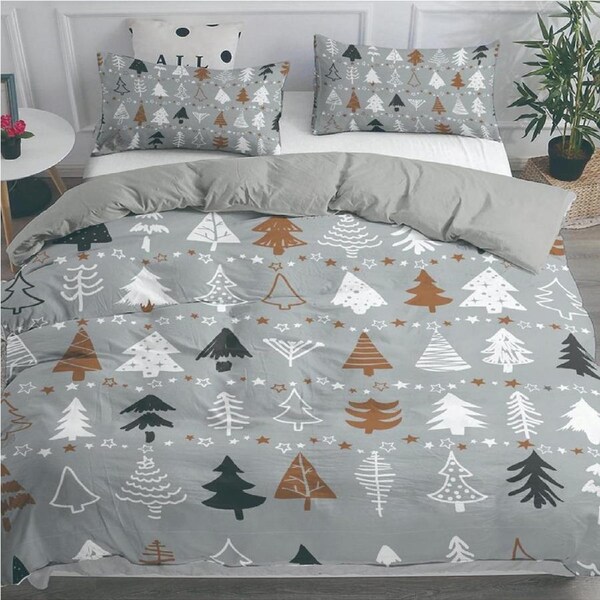 Xmas Tree Grey Christmas Design Soft Quilt Duvet Doona Cover Set Queen
