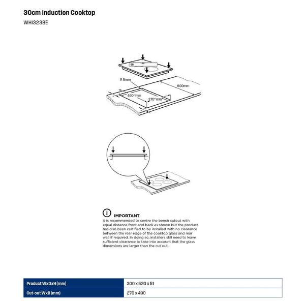 Westinghouse 30cm 2 Zone Black Ceramic Glass Induction Cooktop WHI323BE 30cm to 40cm