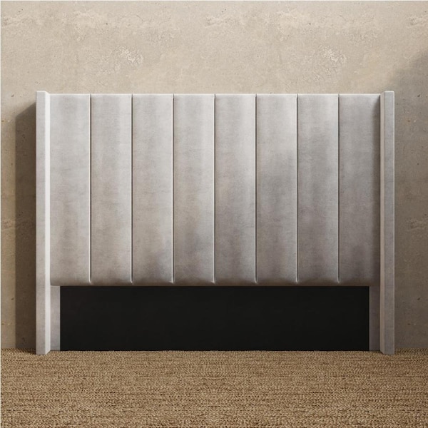 Upholstered Wing Bed Head with Vertical Panels in King, Queen and Double Size (Taupe White Velvet Fabric) Queen / Taupe White