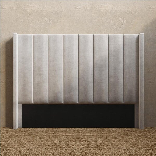 Upholstered Wing Bed Head with Vertical Panels in King, Queen and Double Size (Taupe White Velvet Fabric) King / Taupe White