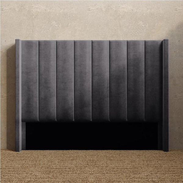 Upholstered Wing Bed Head with Vertical Panels in King, Queen and Double Size (Fossil Grey Velvet Fabric) Queen / Fossil Grey