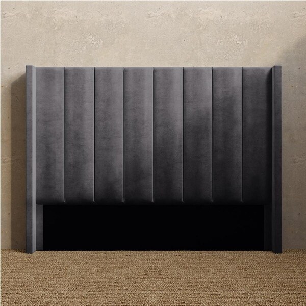 Upholstered Wing Bed Head with Vertical Panels in King, Queen and Double Size (Fossil Grey Velvet Fabric) King / Fossil Grey