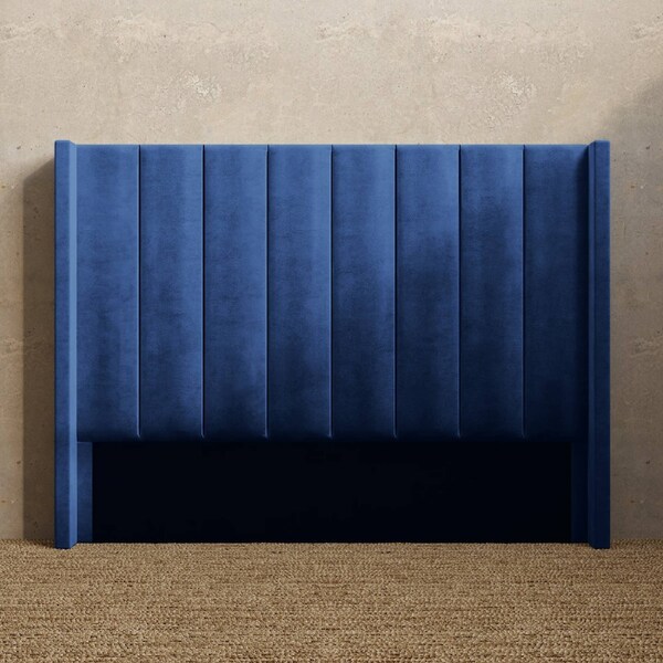 Upholstered Wing Bed Head with Vertical Panels in King, Queen and Double Size (Navy Blue Velvet Fabric) Double / Navy Blue