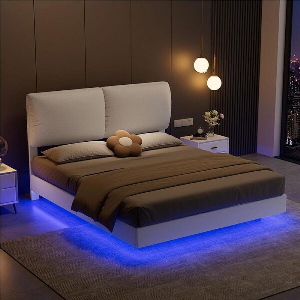 1 x Levede Floating Bed Frame LED Light Soft Headboard Double/Queen Double